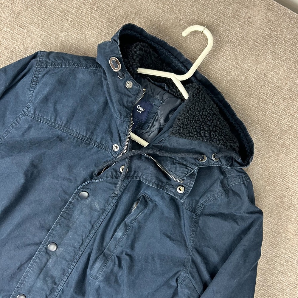 Gap Parka Jacket‎ Mens Medium Navy Blue Quilted Lined Hooded Full Zip Winter